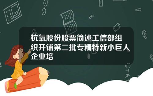 杭氧股份股票简述工信部组织开铺第二批专精特新小巨人企业培